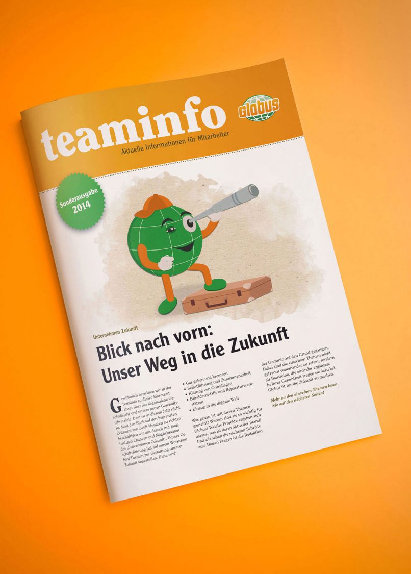 Globus Teaminfo, Sonderausgabe, Illustrationen, Editorialdesign, Sympathiefigur, Globianus