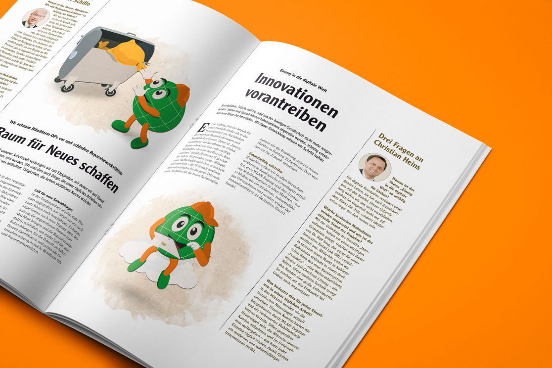 Globus Teaminfo, Sonderausgabe, Illustrationen, Editorialdesign, Sympathiefigur, Globianus